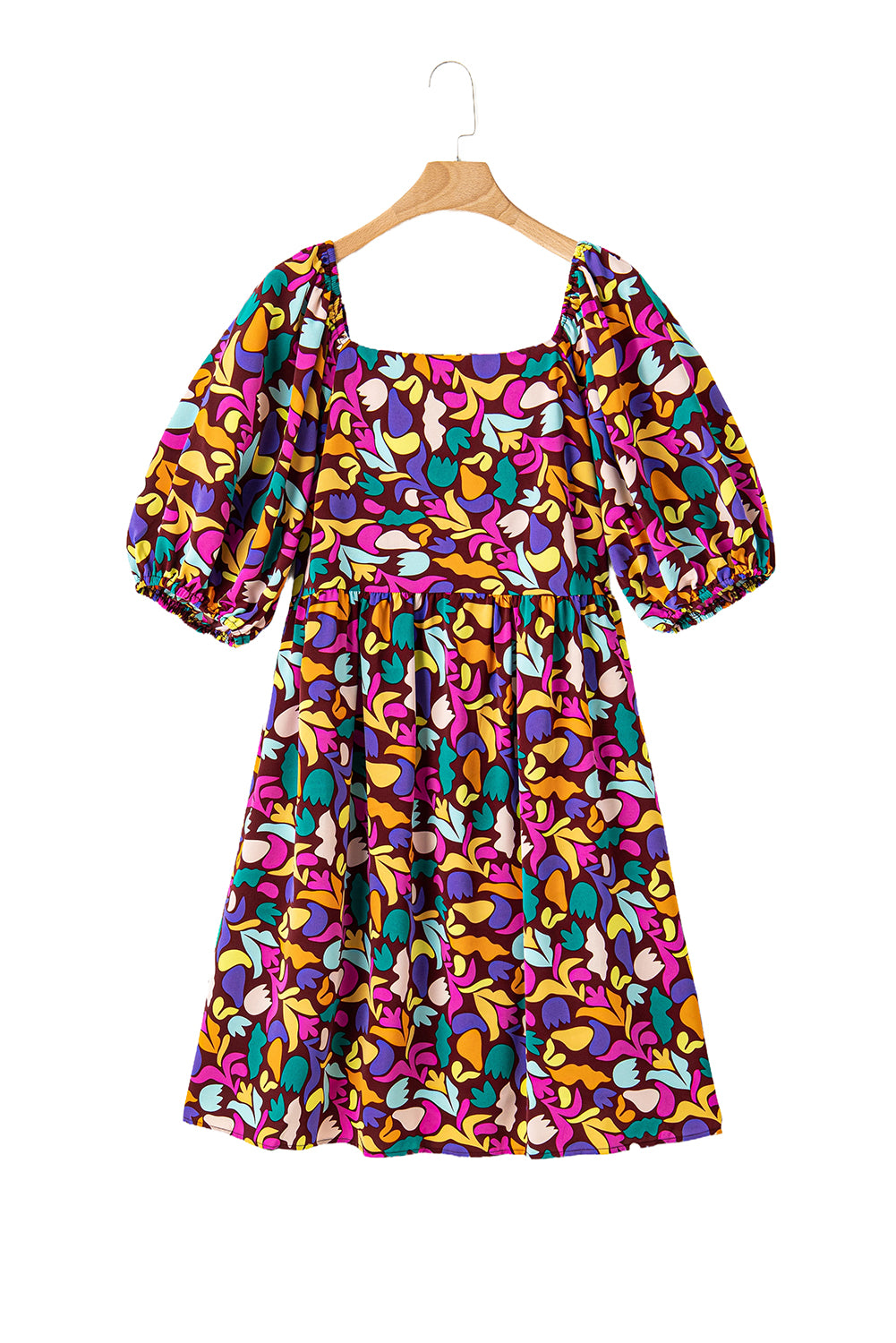 Purple Plus Size Abstract Print Puff Sleeve Short Flare Dress