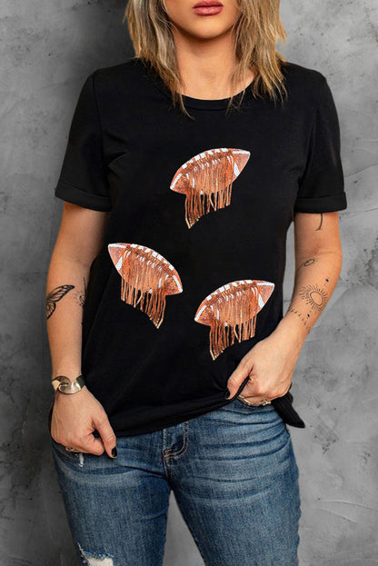 Black Sequin Fringed Rugby Graphic T Shirt