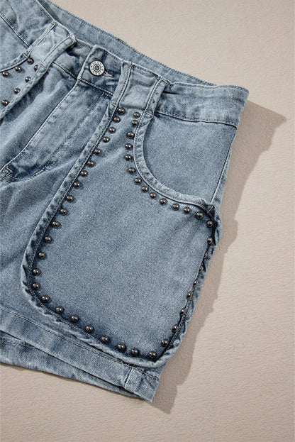 Dusk Blue Studded Acid Wash Denim Shorts