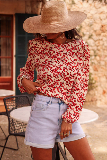 Red Floral Print Backless Puff Sleeve Blouse