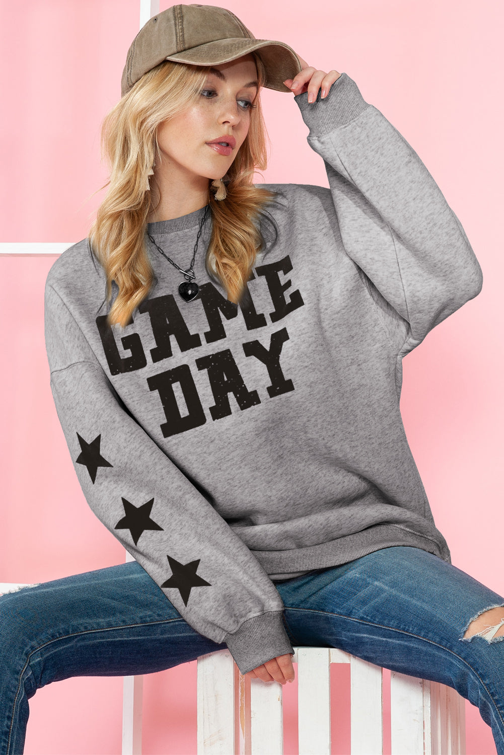 Black Lettering Game Day Print Star Sleeve Sweatshirt