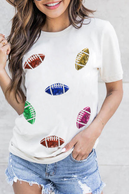 White Sequin Rugby Graphic Crewneck T Shirt