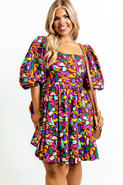 Purple Plus Size Abstract Print Puff Sleeve Short Flare Dress