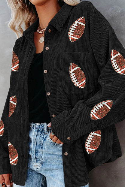 Black Corduroy Sequin Baseball Graphic Jacket