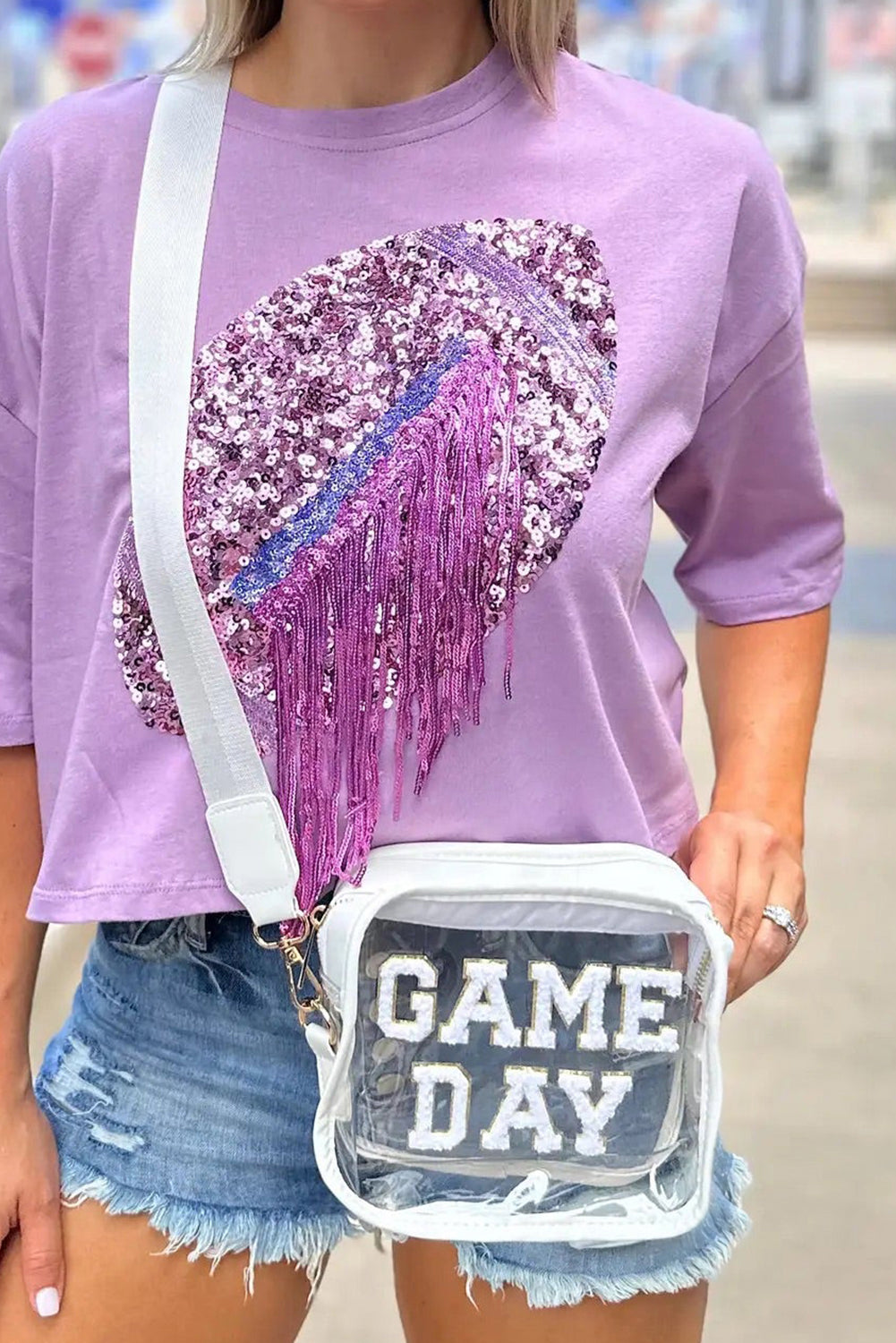 White Chenille GAME DAY Pattern Clear Shoulder Bag