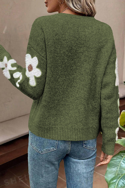 Moss Green Flower Drop Shoulder Sleeve Sweater