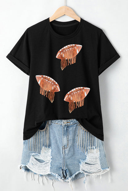 Black Sequin Fringed Rugby Graphic T Shirt