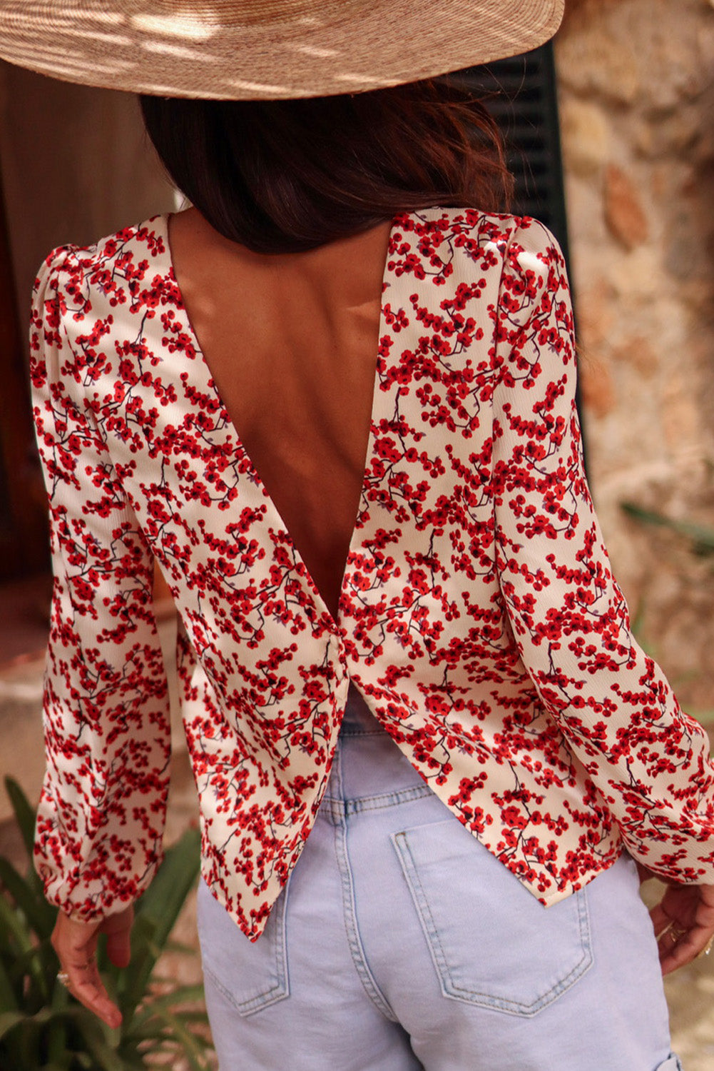 Red Floral Print Backless Puff Sleeve Blouse