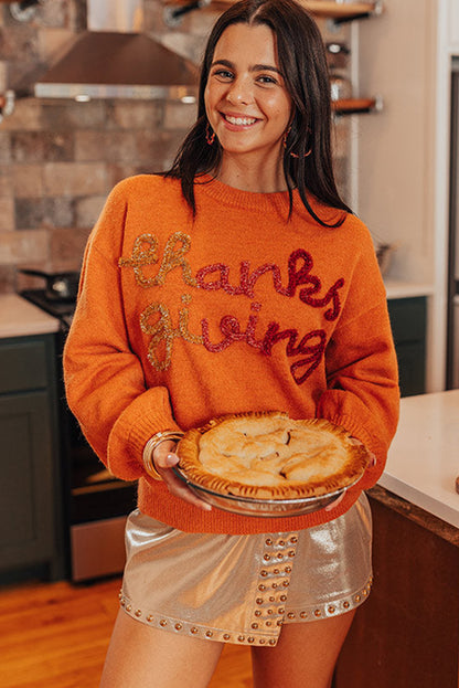 Russet Orange Tinsel Thanksgiving Drop Shoulder Sweater