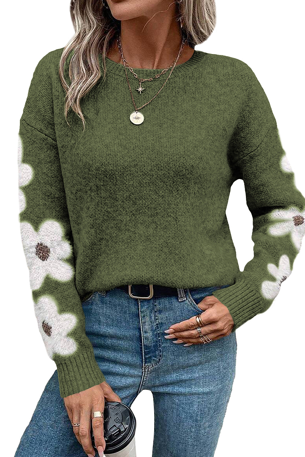 Moss Green Flower Drop Shoulder Sleeve Sweater