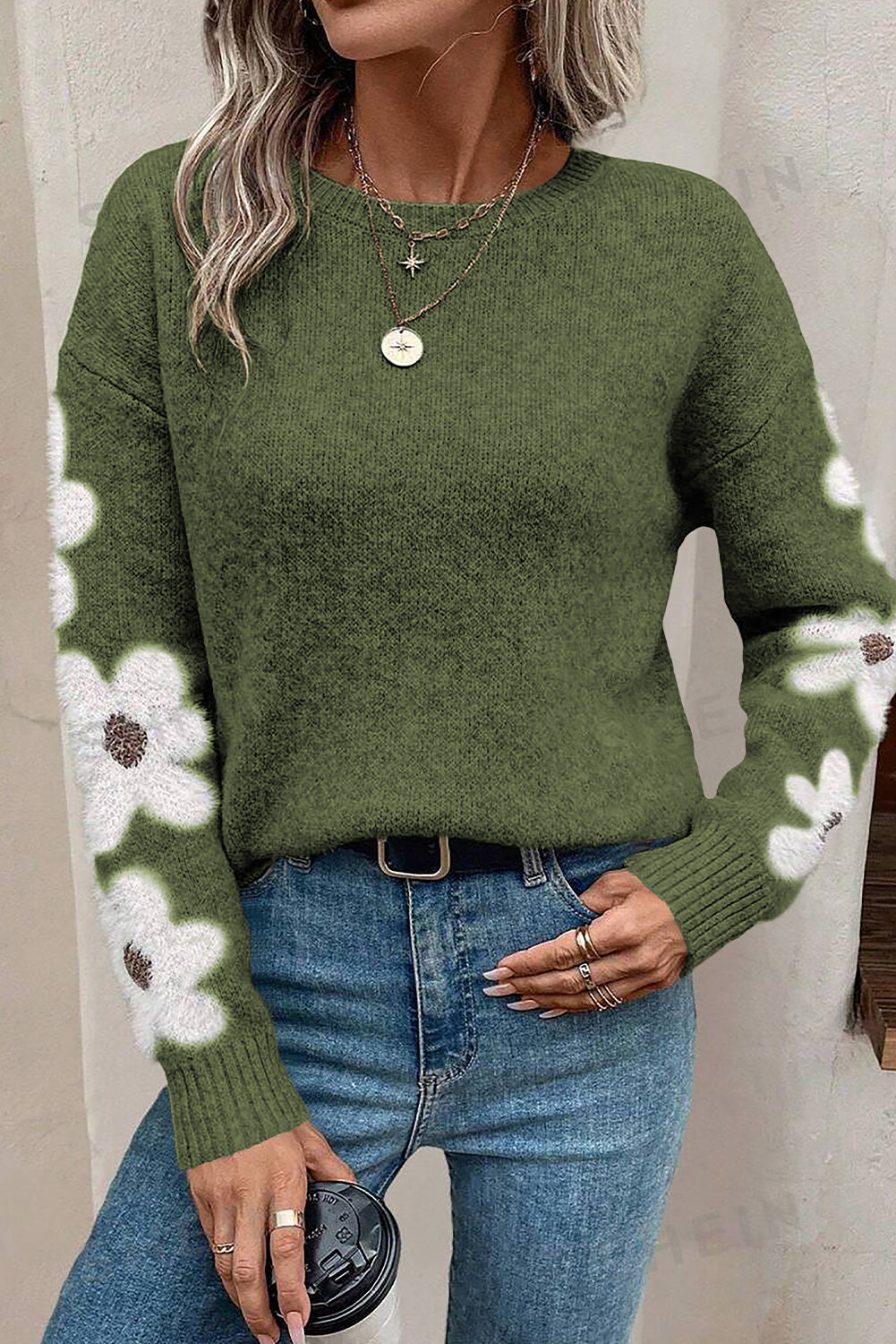 Moss Green Flower Drop Shoulder Sleeve Sweater