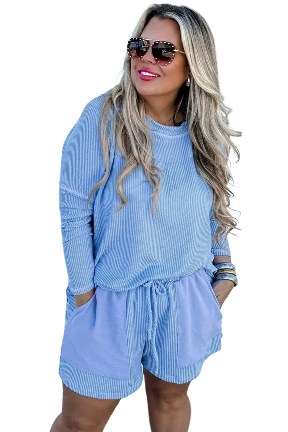 Light Blue Plus Size Ribbed Long Sleeve Top and Drawstring Shorts Set