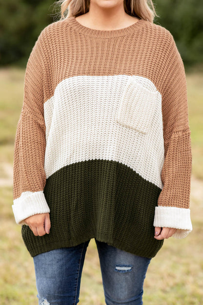 Khaki Color Block Tiered Knit Plus Size Sweater