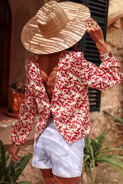 Red Floral Print Backless Puff Sleeve Blouse