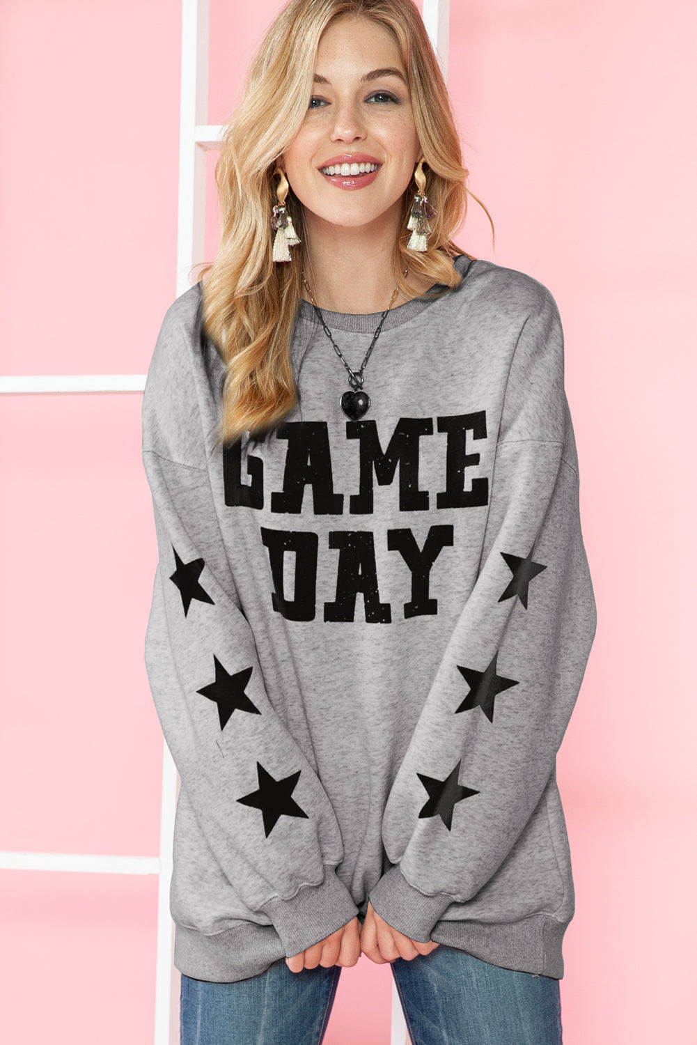 Black Lettering Game Day Print Star Sleeve Sweatshirt