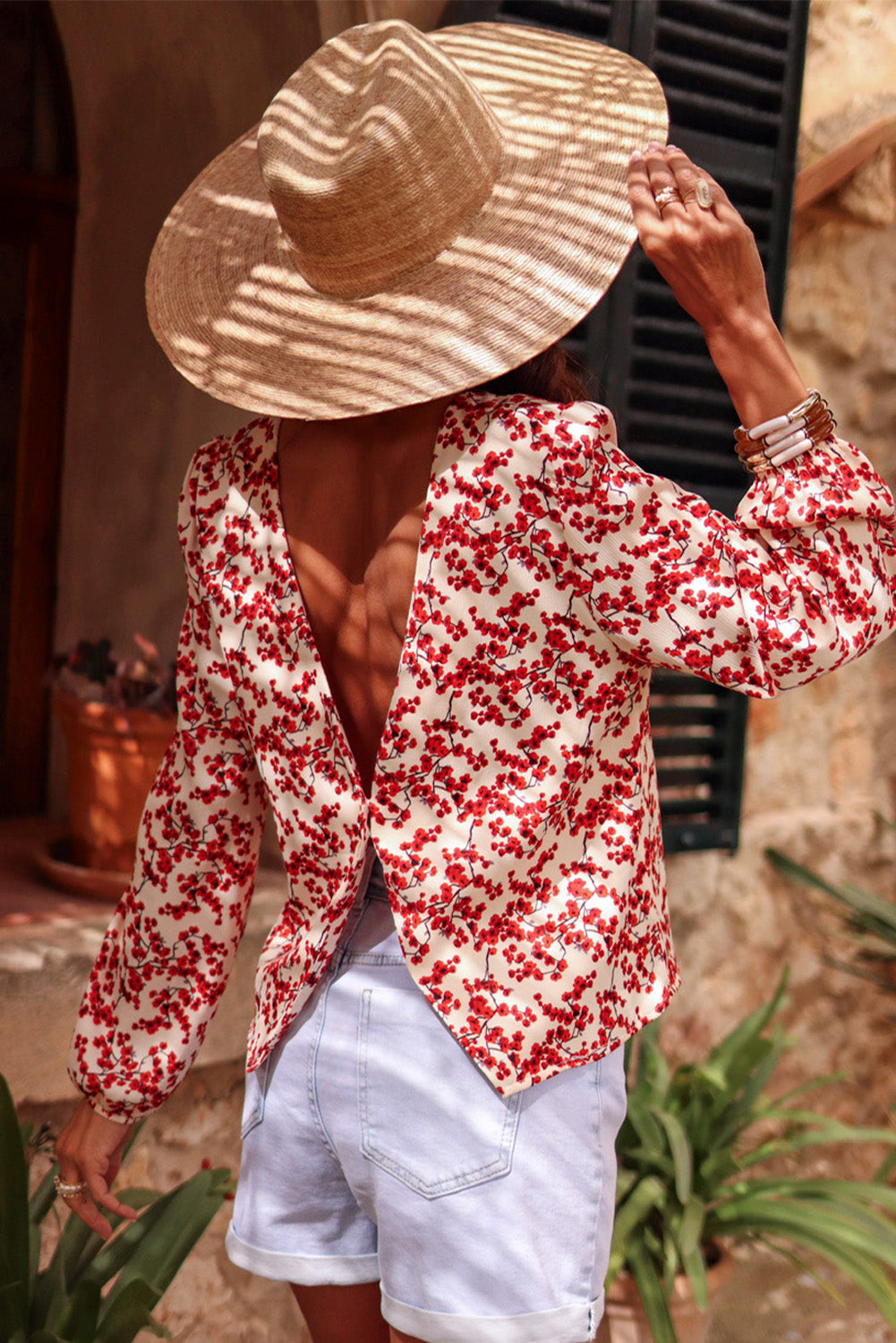 Red Floral Print Backless Puff Sleeve Blouse