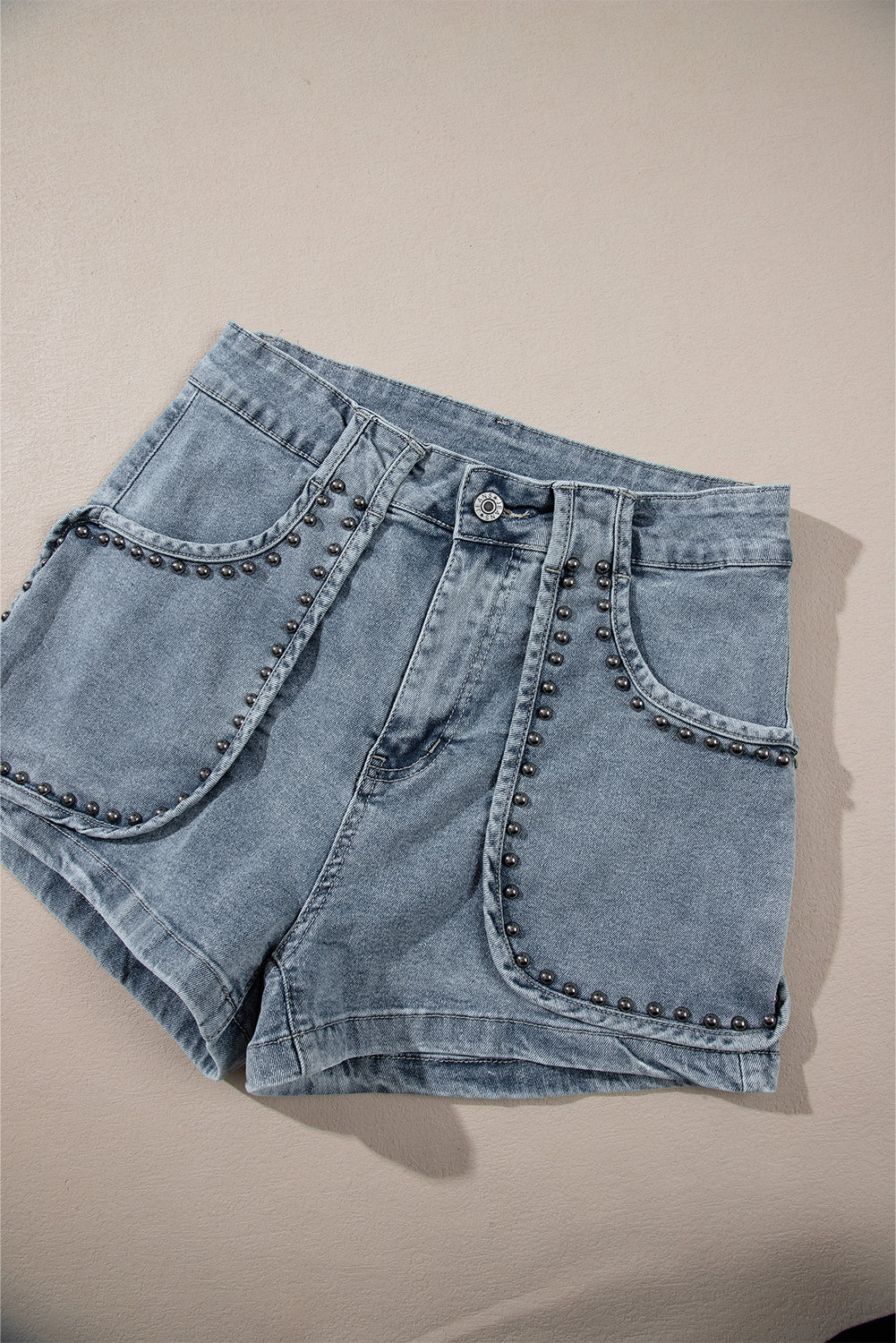 Dusk Blue Studded Acid Wash Denim Shorts