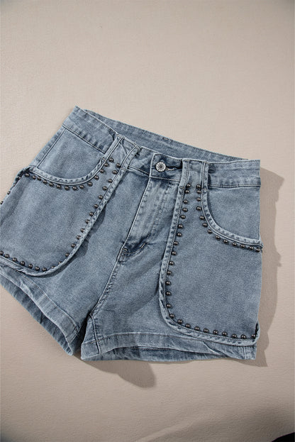 Dusk Blue Studded Acid Wash Denim Shorts