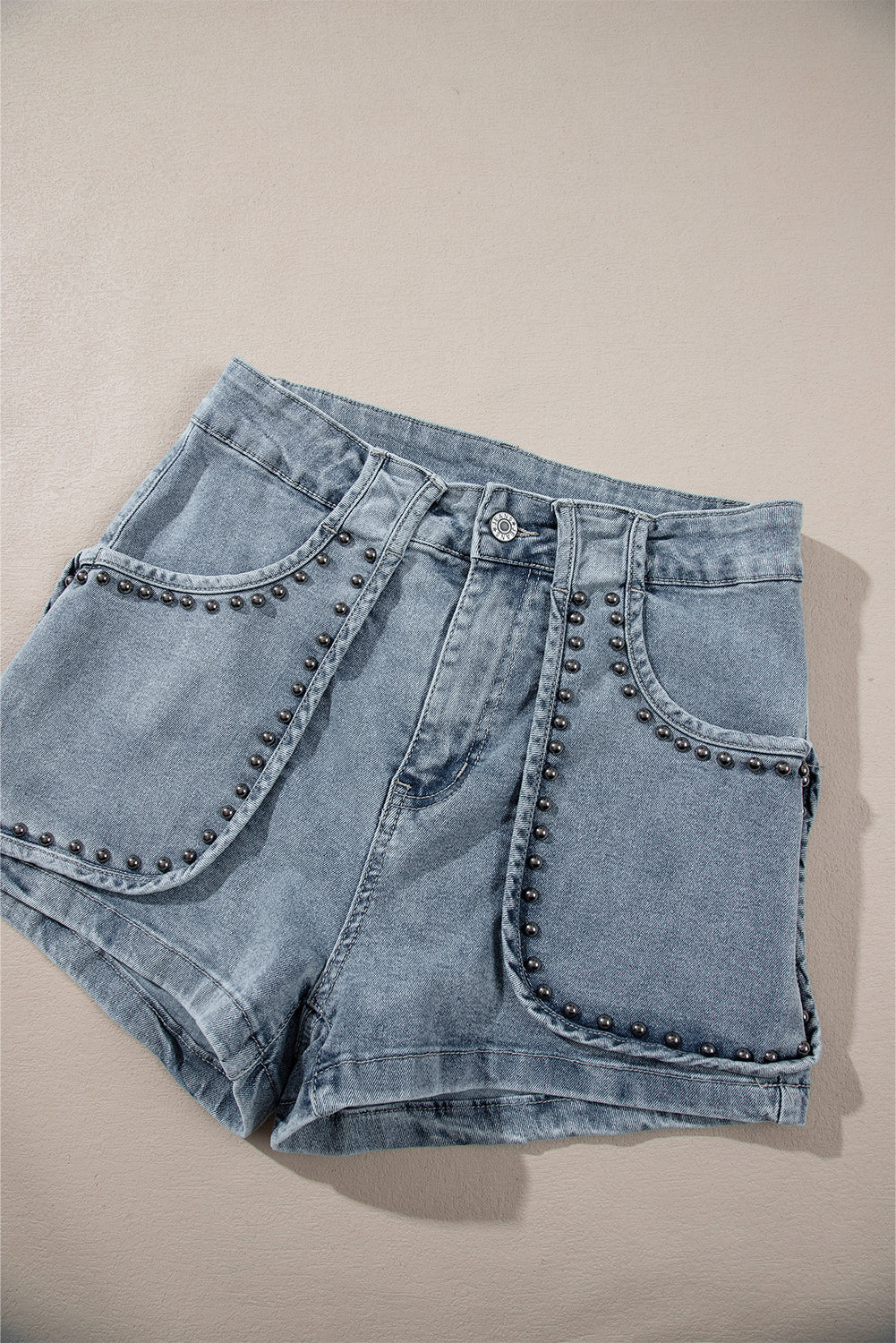 Dusk Blue Studded Acid Wash Denim Shorts