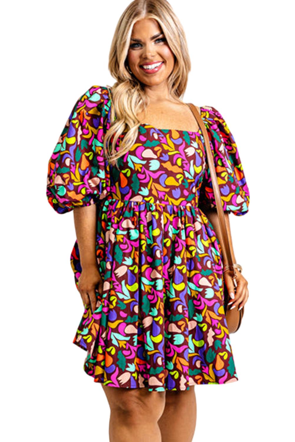 Purple Plus Size Abstract Print Puff Sleeve Short Flare Dress