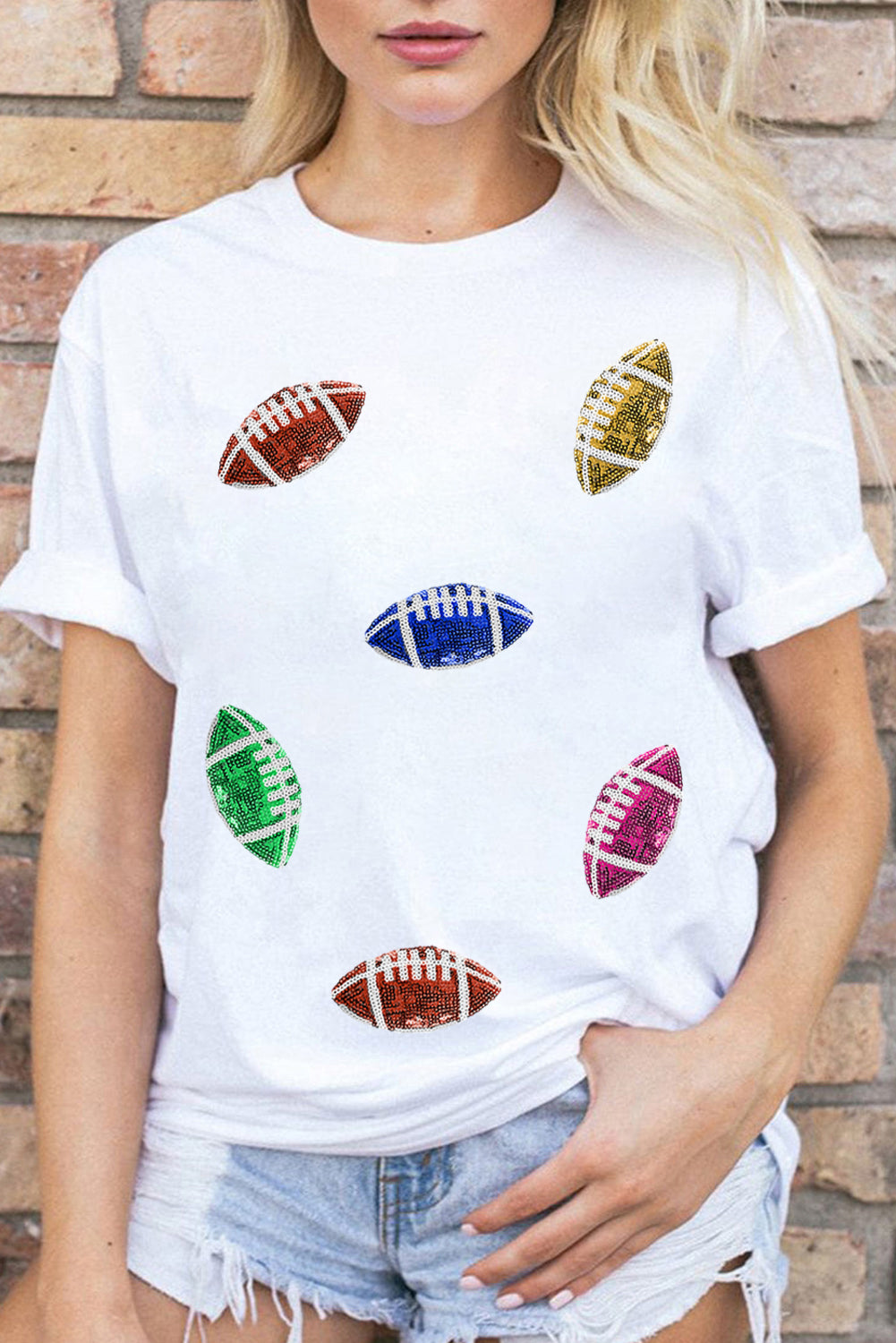 White Sequin Rugby Graphic Crewneck T Shirt